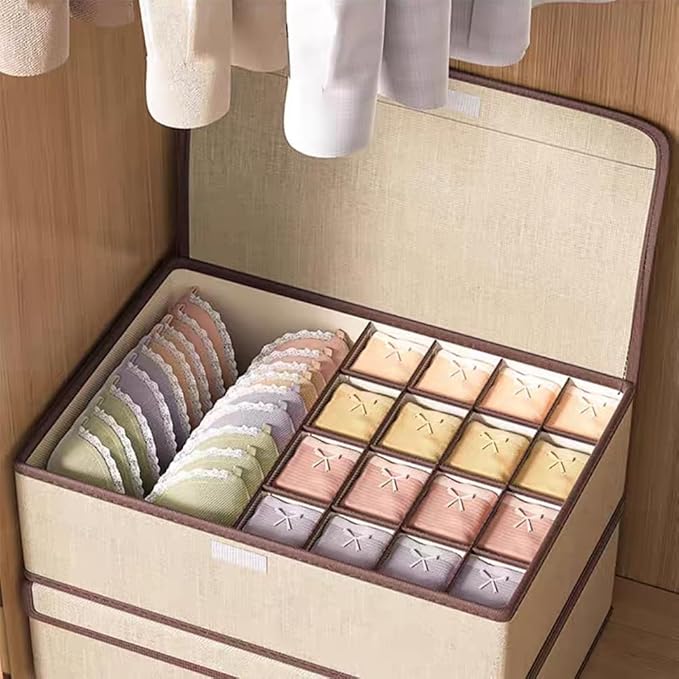 Sock Underwear Organizer Divider with Lid, 1+16 Cells Drawer Fabric Foldable Cabinet Closet Storage Boxes for Storing Socks, Underwear, Ties (Beige)