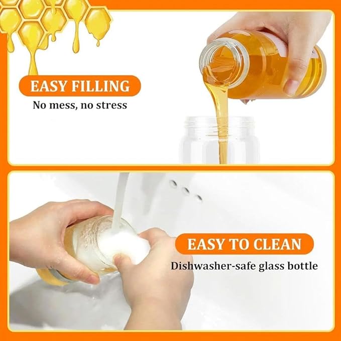 2Pcs Honey Dispenser No Drip,12OZ Glass Honey Jar with Handle,Syrup Dispenser for Coffee or Tea,Mess Free Honey-Dispenser for Maple Syrup, Honey-Container (Green+Black)