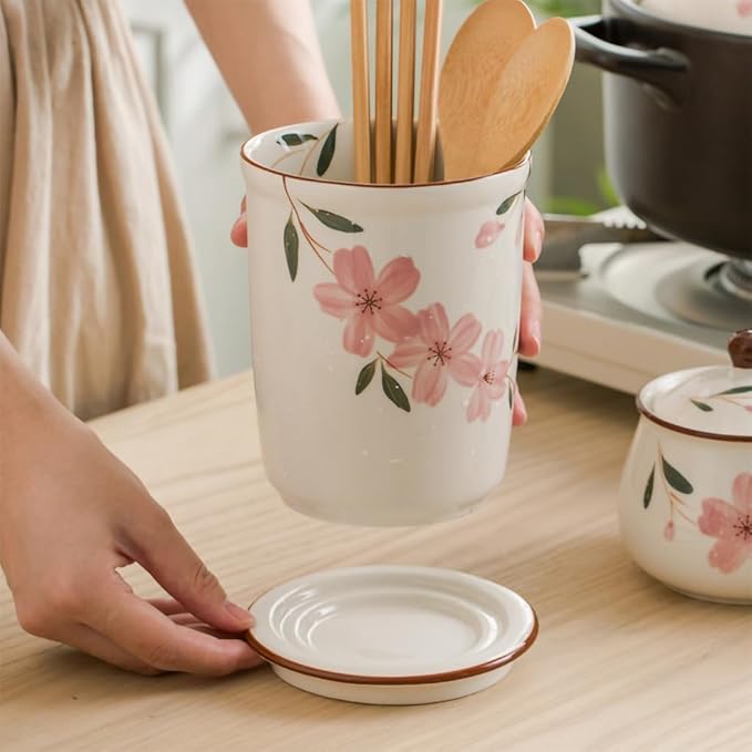 WAIT FLY Sakura Porcelain Kitchen Utensil Holder with Bottom Flatware Storage Organizer Utensil Crock for Countertop Kitchen Counter Decor