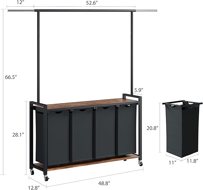 4-Section Rolling Laundry Sorter Cart with Hanging Rod & Utility Shelf, Large Capacity Lockable Wheels Laundry Hamper Basket Organizer for Laundry Room, Bathroom, Bedroom - Rustic Black