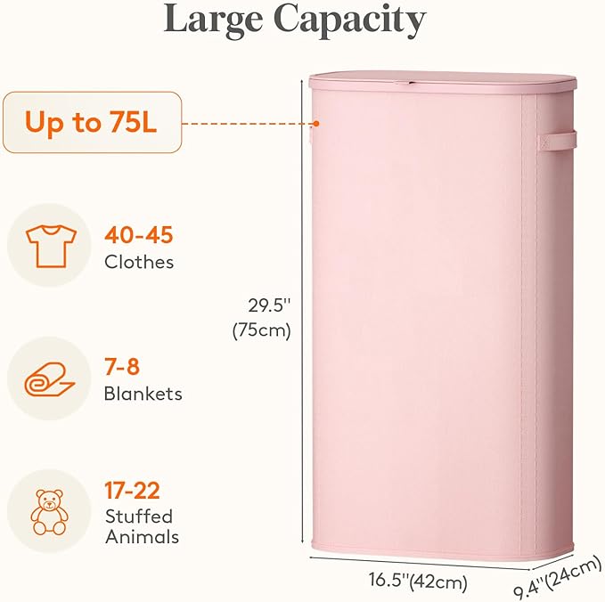 Lifewit 75L Slim Laundry Basket with Lid, Narrow Large Laundry Hamper with Plastic Handles and Removable Bag, Tall Foldable Dirty Clothes Hampers for Laundry Room, Bedroom, Bathroom, Dorm, Pink