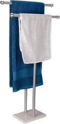 Standing Towel Rack Double-T Shape Tall Bath Towel Sheet Holder with Marble Design Base for Bathroom 2 Tier Towel Holder Stand Stainless Steel (Brushed Nickel)