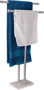 Standing Towel Rack Double-T Shape Tall Bath Towel Sheet Holder with Marble Design Base for Bathroom 2 Tier Towel Holder Stand Stainless Steel (Brushed Nickel)