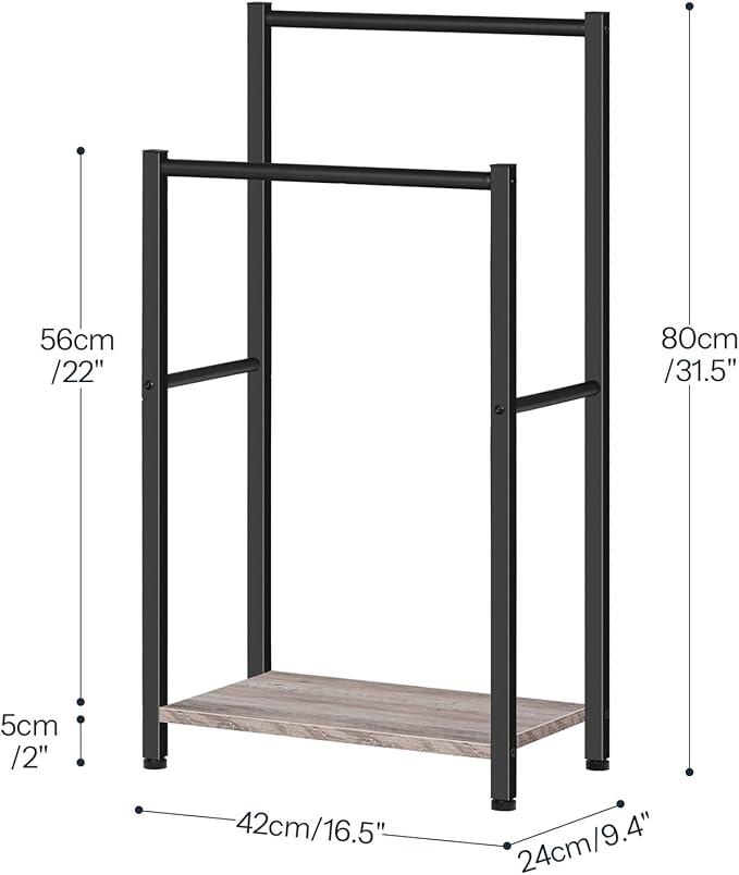 HOOBRO Freestanding Towel Rack, 2 Tier Blanket Ladder Holder for Bathroom, 16.5" L x 9.4" W x 31.5" H, Blanket Rack, Industrial Drying and Display Rack with Shelf, Metal, Greige and Black BG02LB01