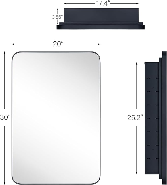 Matt Black Rectangle Recessed Bathroom Medicine Cabinet with Mirror Stainless Steel Metal Framed Rounded Rectangular Bathroom Cabinet with Mirror 20x30''