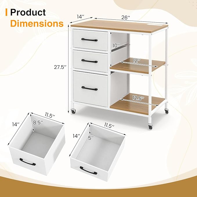 Giantex File Cabinet, Printer Stand with Storage, 3 Fabric Drawers, Open Storage Shelves, Charging Station, 4 Rolling Wheels (2 Lockable), Lateral Filing Cabinet for Home Office Organization (White)
