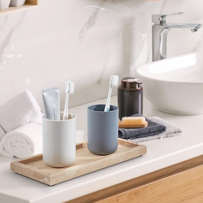 Natural Small Marble Vanity Tray, Luxury Stone Organizer for Bathroom & Kitchen | Holds Soap Dispenser, Jewelry, Perfume | Non-Resin, Non-Ceramic Décor (Travertine, M (11.8" x 5.1" x 0.78"))