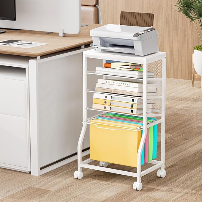 5-Tier Rolling File Cart, Under Desk Storage Organizer with Lockable Wheels & Mesh Sliding Trays, Multi-Functional Mobile Utility Cart for Office, Home, School, White