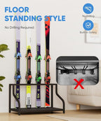 Ski Storage Rack for Garage — Freestanding Ski Holder for 4 Pair Skis, Boot, Helmet, Goggles, Indoor Snowboard Rack Organizer Stand for Home, Shed, Basement, Black