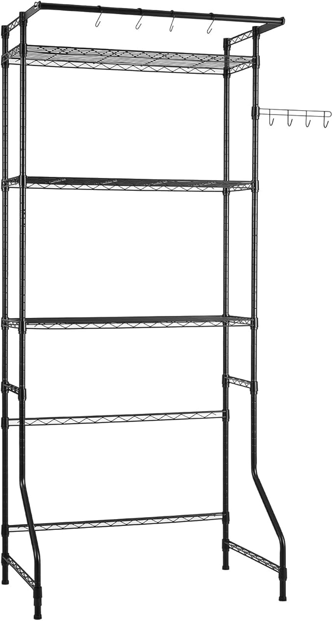 VEVOR Over The Washer and Dryer Storage Shelf, 3 Tier Laundry Room Drying Rack with Hanger Rod and Hooks, Adjustable Over Washer and Dryer Shelves, Laundry Room Shelf Storage Space Saver, Black
