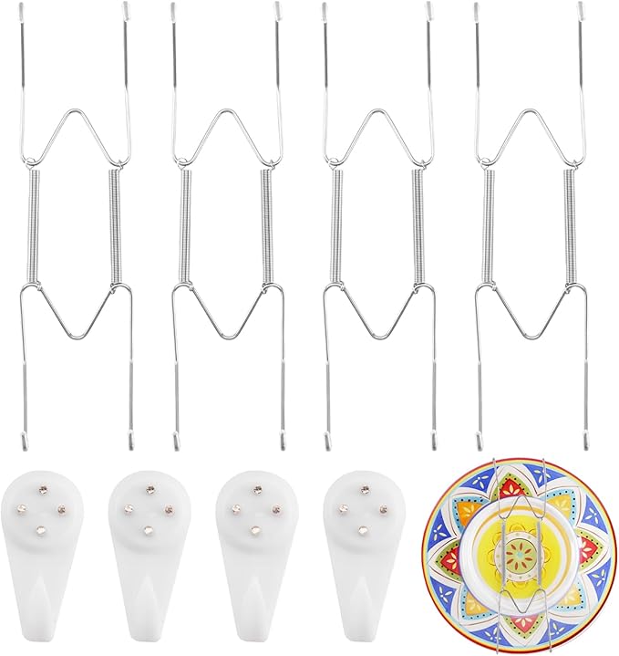 4 Pack Plate Hangers for Wall, Suitable for 8-10 inch Art Plate, Stainless Steel Invisible Heavy-Duty Wire Plate Holder with Wall Hooks, Display Hanger for Decorative Plates/Dishes/Platters(Silver)