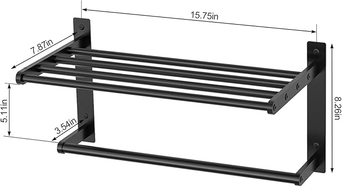 Bathroom Shelf with Towel Bar, 16" Metal Towel Racks for Bathroom Wall Mounted, Rustproof Towel Rack with Shelf Shower Towel Holder Apartment Essentials Bathroom Accessories - Black