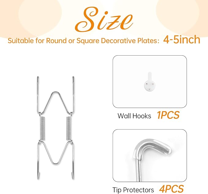Bilillo Plate Hangers for The Wall, Suitable for 4-5 inch Decorative Plate, Stainless Steel Invisible Heavy Duty Wire Plate Holder with Wall Hooks, Plate Hangers for Displaying Plates, Silver