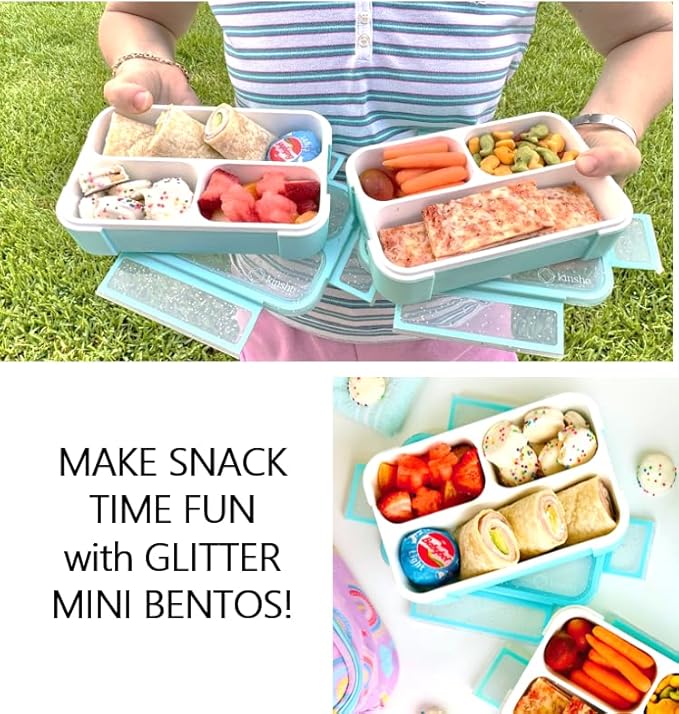 kinsho Small Snack Containers for Kids Toddlers - 3 Compartments (Set of 2) - Leak-proof Reusable Snack Boxes with Lids - BPA-Free Mini Bento Lunch Box - Holds 2 Cups (Pastel Blue + Teal Sparkle)