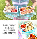 kinsho Small Snack Containers for Kids Toddlers - 3 Compartments (Set of 2) - Leak-proof Reusable Snack Boxes with Lids - BPA-Free Mini Bento Lunch Box - Holds 2 Cups (Pastel Blue + Teal Sparkle)