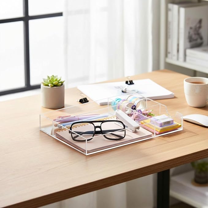 Acrylic Desk Drawer Organizer 12.2 x 8.27 x 1.77 Inch Storage Tray Organizer for Pens, Stationery, Desktop, Office, Bathroom, Kitchen, Makeup Supplies(5 Compartments, Clear)