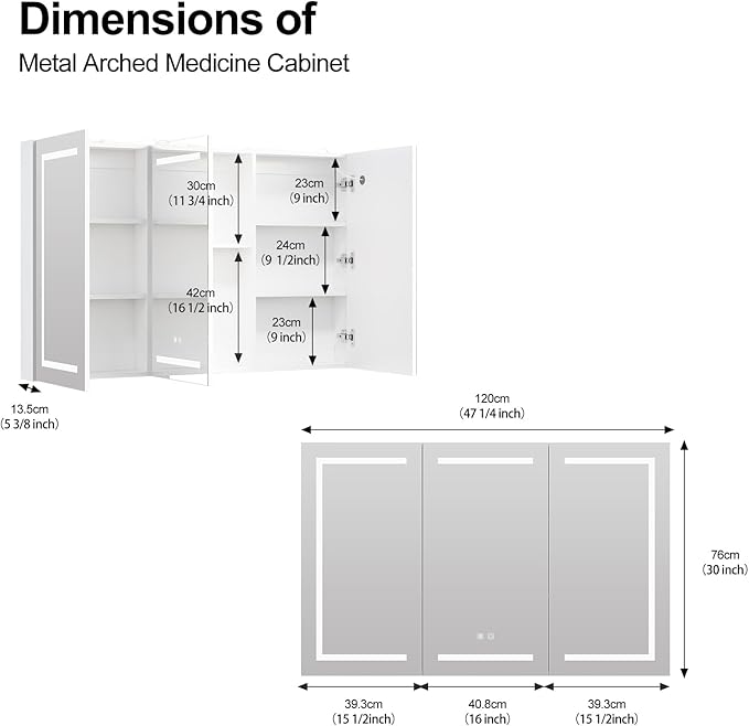 Large Medicine Cabinet, LED Lighted Medicine Cabinets with 3 Doors,Wall Mounted Bathroom Mirror with Storage,47inch,Defogger, Dimmable,Led Medicine Cabinet Mirror for Bathroom,47.2x 5.1x 30 In