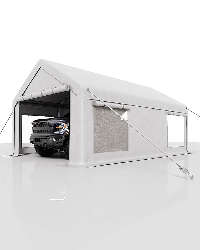 GarveeLife 13x20 ft Carport with 8 Sandbags, Car Port with 220 g PE Tarp, 2 Roll-Up Doors, and 4 Windows, for Full-Size Pickups, Bass Boats, Tractors, and SUVs, White