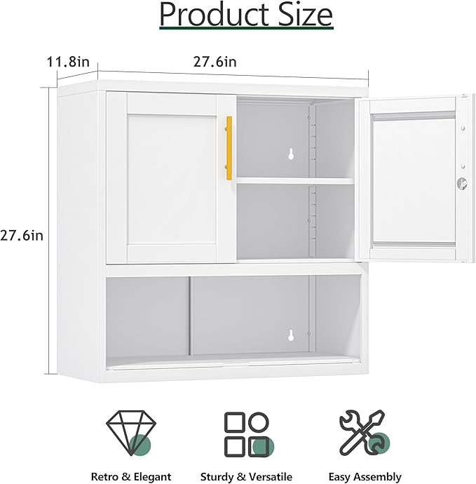 Metal Bathroom Wall Cabinet, 27.5" H White Bathroom Cabinet Wall Mount with Adjustable Shelf, Over The Toilet Storage Cabinet Medicine Cabinets for Bathroom, Kitchen