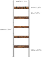 Blanket Ladder, 5-Tier Towel Holder with 4 Removable Hooks, Farmhouse Wall Leaning Decorative Rack Shelf, Wooden Towel Display Rack, Quilt Ladder for Living Room, Bedroom, Rustic Brown