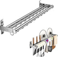 Hanging Wall Mount knife Wall Mount, Kitchen Organizer Storage Shelf for Utensils Spatula Spoon, Space-Saving Knife Rack with Hooks,Wall-Mounted Utensil Holder (Silver, 50CM+Three Poles+8Hooks)