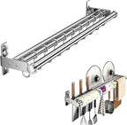 Hanging Wall Mount knife Wall Mount, Kitchen Organizer Storage Shelf for Utensils Spatula Spoon, Space-Saving Knife Rack with Hooks,Wall-Mounted Utensil Holder (Silver, 50CM+Three Poles+8Hooks)