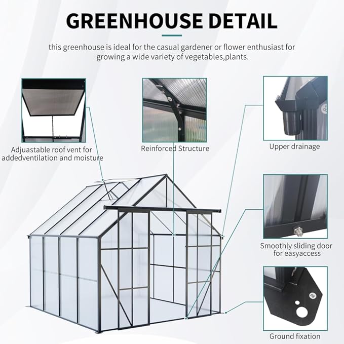 Heavy-Duty Walk-in Polycarbonate Greenhouse with Dual Sliding Doors, Adjustable Roof Ventilation, and Galvanized Steel Base for Year-Round Outdoor Gardening (Black 8*8FT)