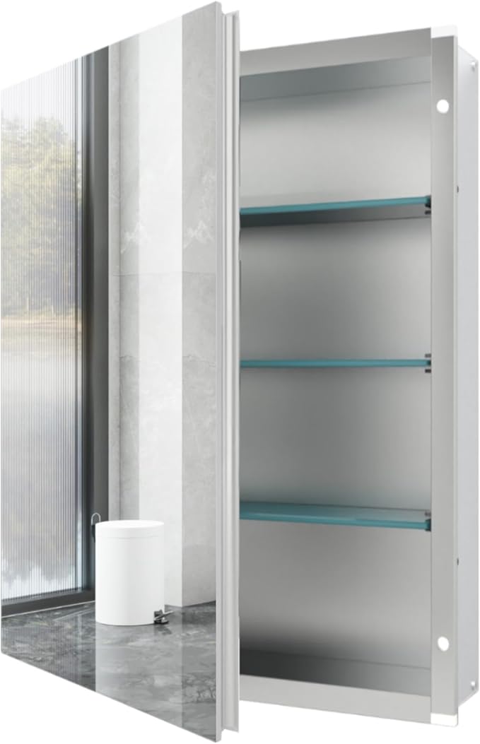 Medicine Cabinet with Mirror of Storage, 22x30 inch Aluminum Bathroom Cabinet, Assembly Needed, Surface Mount or Recessed Wall Cabinet with Adjustable Glass Shelves for Bathroom Bedroom