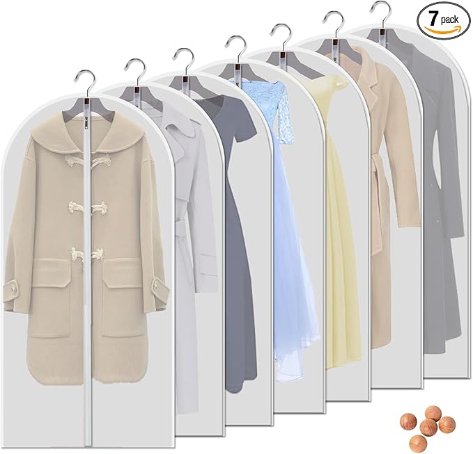7-Pack 48-Inch Clear Garment Bags - White Translucent Hanging Dust Covers for Closets, Travel, and Seasonal Clothing Storage