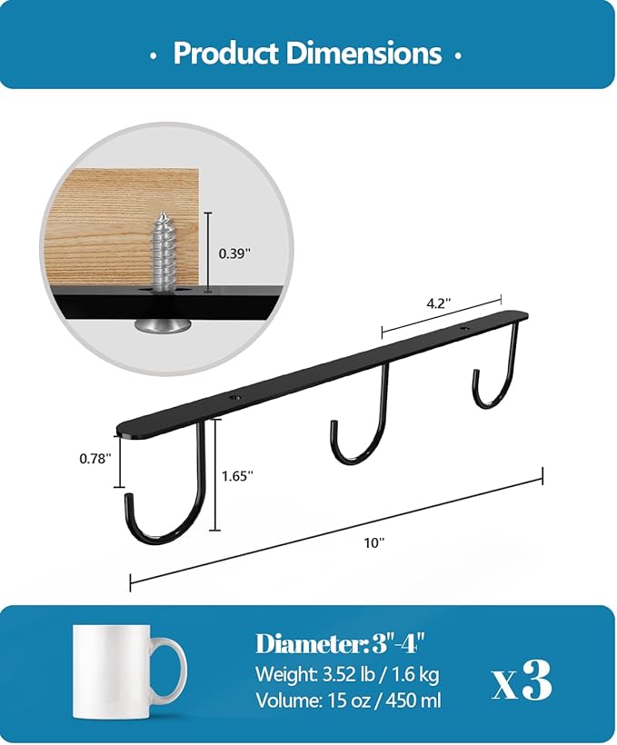 3 Pack Mug Hooks Under Cabinet, Coffee Mug Holder for Hanging Under Shelf, Cup Hanger with 9 Hooks for Displaying Mugs, Coffee Cups and Kitchen Utensils, Black