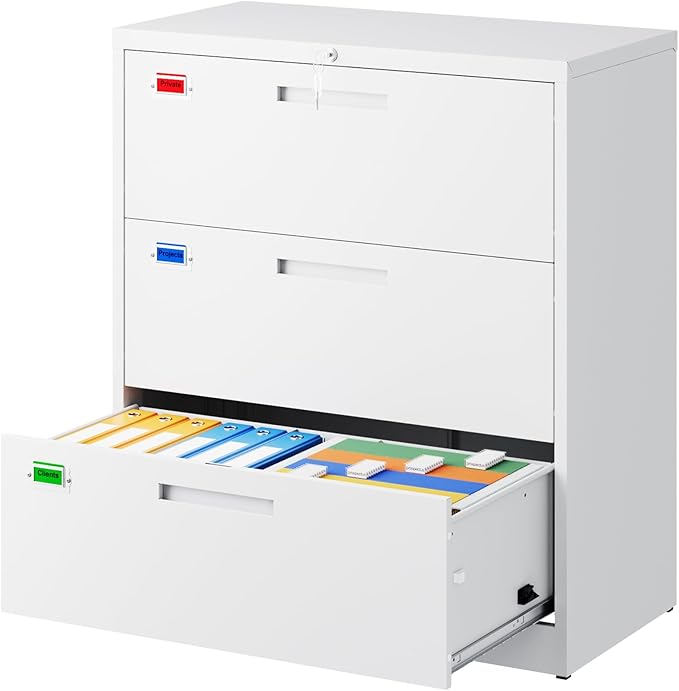 3 Drawer File Cabinet, Lateral Filing Cabinets for Home Office, Office Storage Drawers with Lock, Hanging Files Legal/Letter A4 Size (Assemble Required,White)