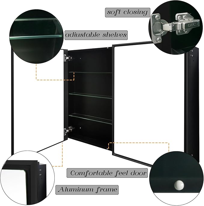 Medicine Cabinet with Aluminum Framed Mirror,36"x32" Surface Mount or Recessed Mount Bathroom Vanity Mirror,Single Door Bathroom Mirror with Storage Cabinet