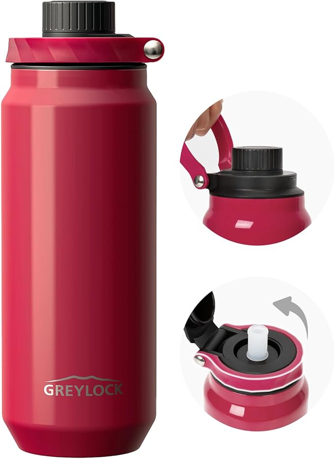 Greylock 20 oz Insulated Water Bottle with Straw Lid, Reusable Stainless Steel Sports Water Bottles with Foldable Handle, Leak Proof, Double-Wall Vacuum Insulation, 24 Hours Cold(Raspberry Ridge)
