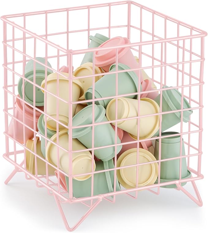 FantasyLife K Cup Holder Organizer, 5.3" x 5.3" x 6.3" Coffee Pod Storage Basket, Coffee Bar Accessories Metal Basket, Large Capacity Countertop Organizer for Kitchen Counter & Office Desktop (Pink)