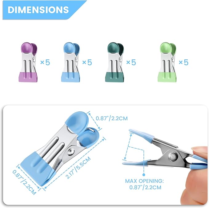 Clothes Pins, Chip Clips,Chip Clips Bag Clips Food Clips 20 Pcs,Towel Clips,Bag Clips for Food,Clothespins 2.17 Inch,Chip Clip,Chip Bag Clip,Metal Clips,Clothes Pins Heavy Duty,Colored Clothespins