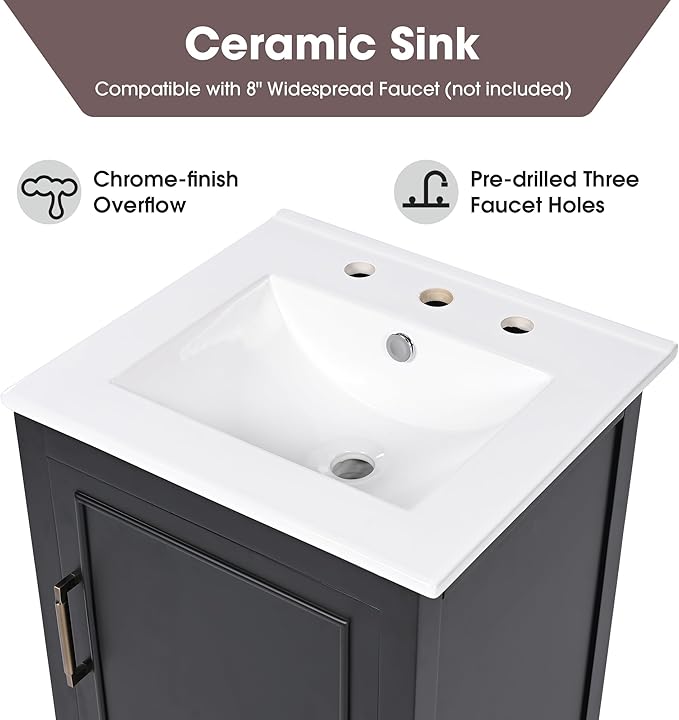 20 in Small Bathroom Vanity with Sink,Wood Modern Single Bathroom Sink Cabinet with Soft Closing Door and Drawer,Freestanding Black