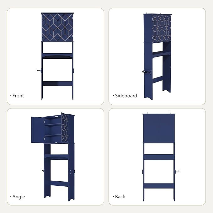 Over The Toilet Storage Cabinet with Gold Trim, Modern Bathroom Organizer Over Toilet with Adjustable Shelves and Toilet Paper Holder for Bathroom (Blue)