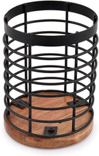 EDHAS Black Iron Kitchen Utensil Holder with Acacia Wooden Base Round Flatware Storage for Countertop (4.5" x 4.5" x 6")