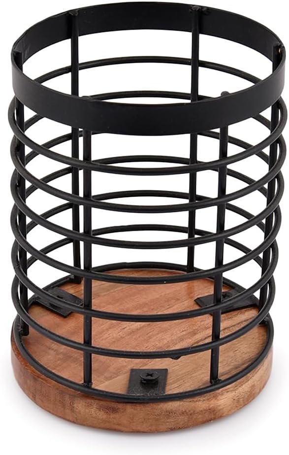 EDHAS Black Iron Kitchen Utensil Holder with Acacia Wooden Base Round Flatware Storage for Countertop (4.5" x 4.5" x 6")
