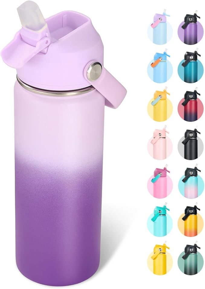 18oz Insulated Stainless Steel Water Bottle, Wide Mouth Double Wall Vacuum, Silicone Straw, Sweat & Leak Proof, BPA Free Insulated Water Flask for Travel, Purple Gradient