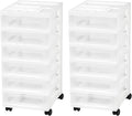 IRIS USA Plastic Drawer Storage Organizer Rolling Cart, 2-Pack, with Wheels Casters, 6-Drawers, for Classroom Art Craft Supplies Dresser Closet Bathroom Laundry Room, White/Clear