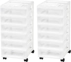IRIS USA Plastic Drawer Storage Organizer Rolling Cart, 2-Pack, with Wheels Casters, 6-Drawers, for Classroom Art Craft Supplies Dresser Closet Bathroom Laundry Room, White/Clear