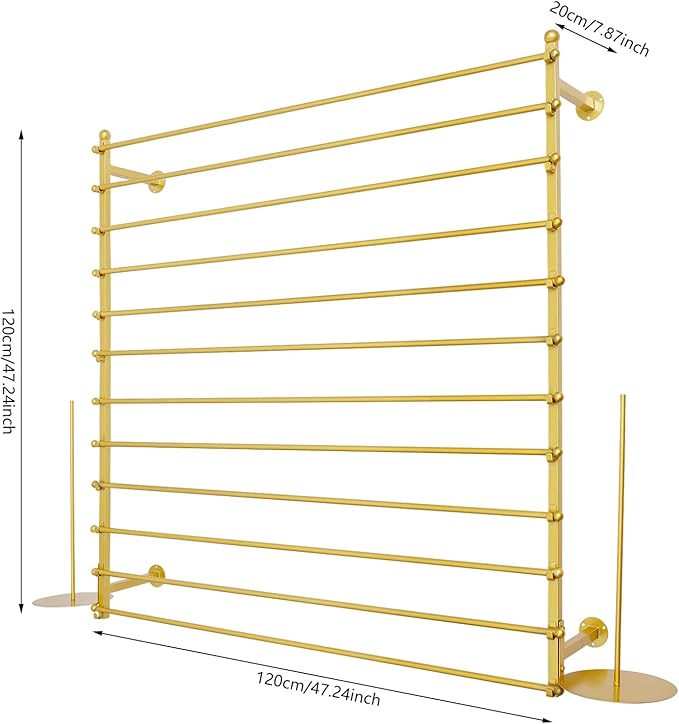 Heavy Duty Iron Ribbon Organizer Rack Wall Mounted, 12-Rod Modern Metal Craft Organizer for Ribbons, Wrapping Paper, Vinyl Rolls, Space Saving Storage Rack for Florist, Home (Gold)