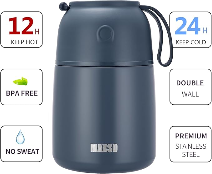 MAXSO Soup Thermo for Hot & Cold Food for Adults Kids, 17 oz Vacuum Insulated Steel Lunch Container Bento Box with Spoon, Leakproof Thermal Food Jar for School Office Travel - Dusty Blue