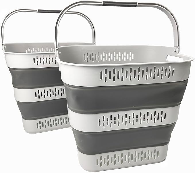 SAMMART 40L (10.5 Gallon) Collapsible Plastic Laundry Basket with Handles - Foldable Pop Up Storage Container/Organizer - Portable Laundry Hamper - Space Saving (2, Grey)