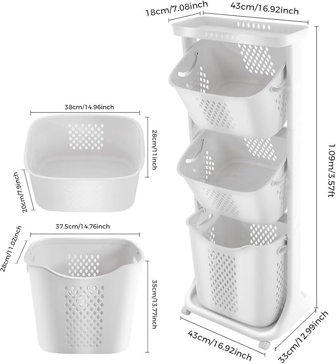 Rolling Laundry Hamper Cart, 3 Tier Portable Clothes Washing Storage Hamper with 360° Wheels & Storage Baskets, Freestanding Rolling Clothes Laundry Basket Organizer for Living Room, Bedroom