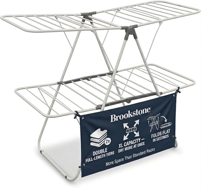 Brookstone 2 Tier Folding Rack - Indoor/Outdoor Collapsible Clothes Dryer Stand Laundry or Shoe Rack, Heavy Duty Freestanding Garment Hanger, Foldable, Clothing Drying Rack, White