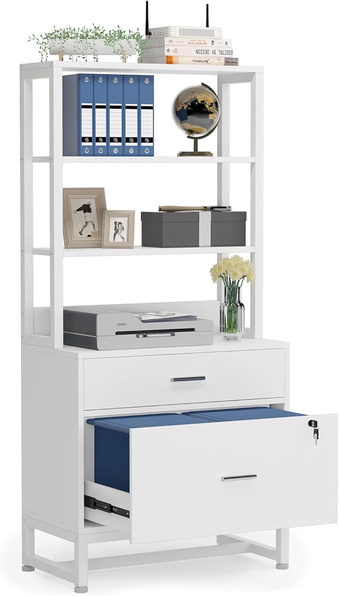 Tribesigns 2 Drawer Vertical File Cabinet with Lock & Bookshelf (Set of 2), Letter Size Large Modern Filing Cabinet Printer Stand with Open Storage Shelves for Home Office, White
