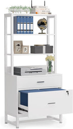 Tribesigns 2 Drawer Vertical File Cabinet with Lock & Bookshelf, Letter Size Large Modern Filing Cabinet Printer Stand with Open Storage Shelves for Home Office, White