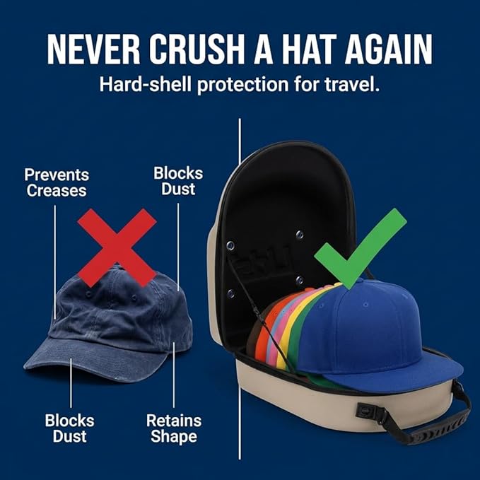 Lids Hat Travel Case – Baseball Cap Carrier for 6 Hats, Durable Black Exterior & Interior, Storage with Handle & Adjustable Shoulder Strap, Hard Hat Organizer for Travel & Closet